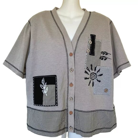 Gingham Patchwork Short Sleeve Button Front Shirt Beige Vintage K by Koret 90s - Picture 7 of 7